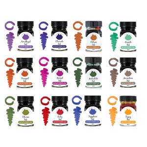 Può includere: Dodici piccoli flaconi di vetro di inchiostro, ognuno con un colore diverso e un campione di inchiostro abbinato. I flaconi sono etichettati con il colore dell'inchiostro e "Monteverde USA".