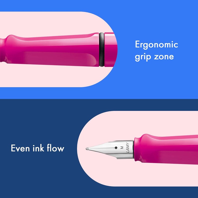 May include: A pink fountain pen with a black grip zone and a silver nib labelled "LAMY" and "M". The pen is shown in two close-up images, highlighting the ergonomic grip zone and the even ink flow.