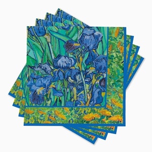 Può includere: Un pacchetto di tovaglioli di carta blu e verdi con un dipinto di iris blu su sfondo giallo.