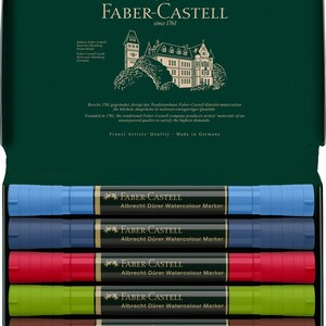 May include: A set of five Faber-Castell Albrecht D&uuml;rer Watercolour Markers in a green box. The markers are in the colors blue, dark blue, red, green, and brown.