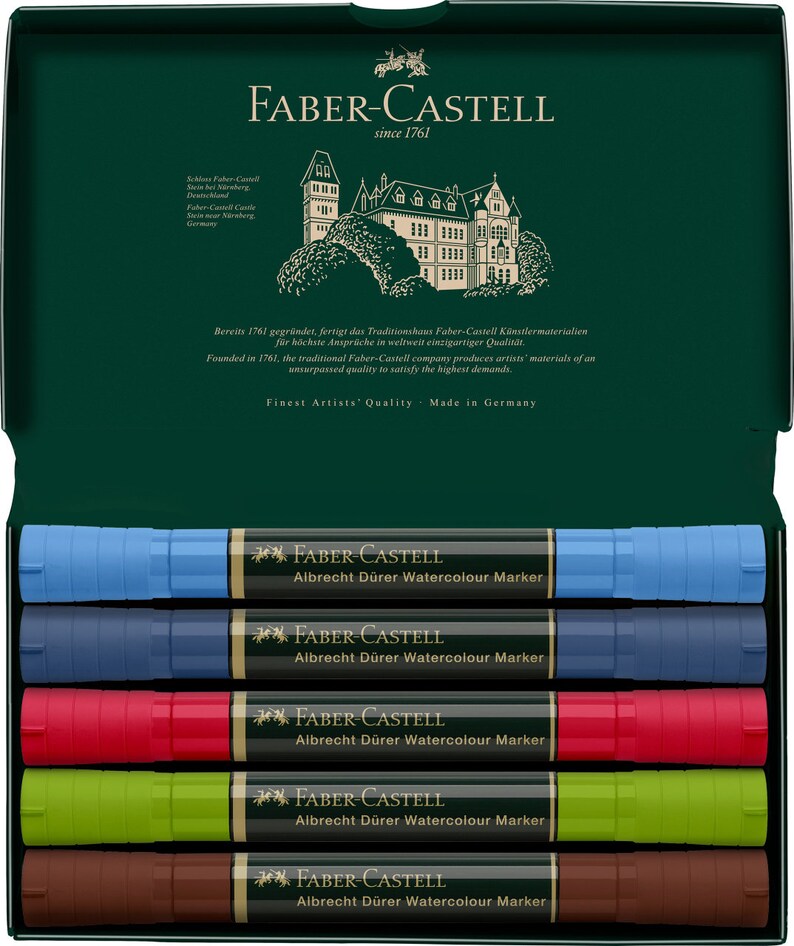 May include: A set of five Faber-Castell Albrecht D&uuml;rer Watercolour Markers in a green box. The markers are in the colors blue, dark blue, red, green, and brown.