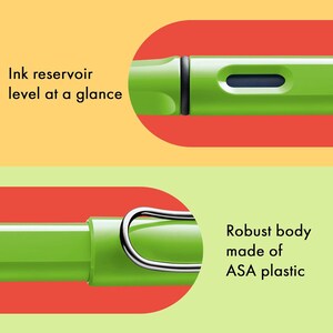 May include: A green fountain pen with a clear ink reservoir and a visible ink level indicator. The pen has a metal clip and a robust body made of ASA plastic.