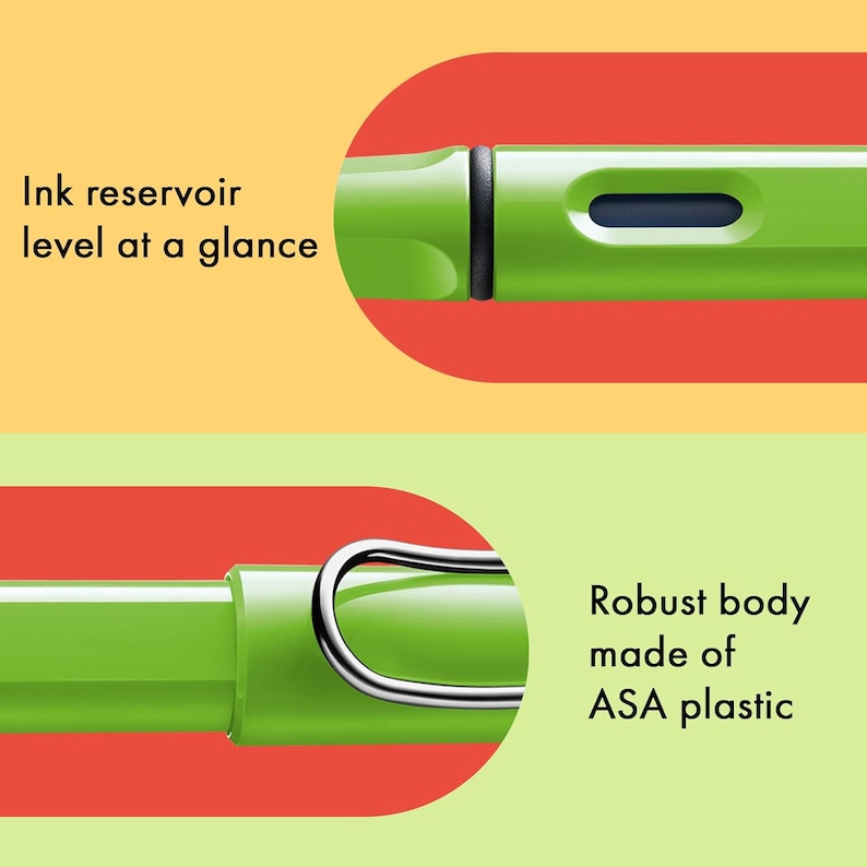 May include: A green fountain pen with a clear ink reservoir and a visible ink level indicator. The pen has a metal clip and a robust body made of ASA plastic.