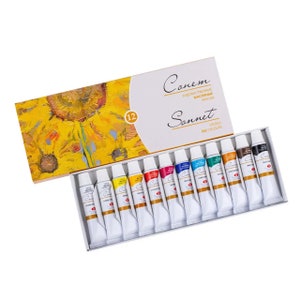 以下が含まれることがあります： 白い箱に並べられた12本の油絵具のチューブ。チューブには「Sonnet Studio Oil Colours」とラベルが貼られています。箱の蓋にはひまわりの絵が描かれており、前面には「Sonnet」と「Studio Oil Colours」の文字が書かれています。