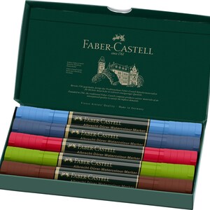 May include: A set of six Faber-Castell Albrecht D&uuml;rer Watercolour Markers in a green box. The markers are arranged in pairs of blue, red, green, and brown.