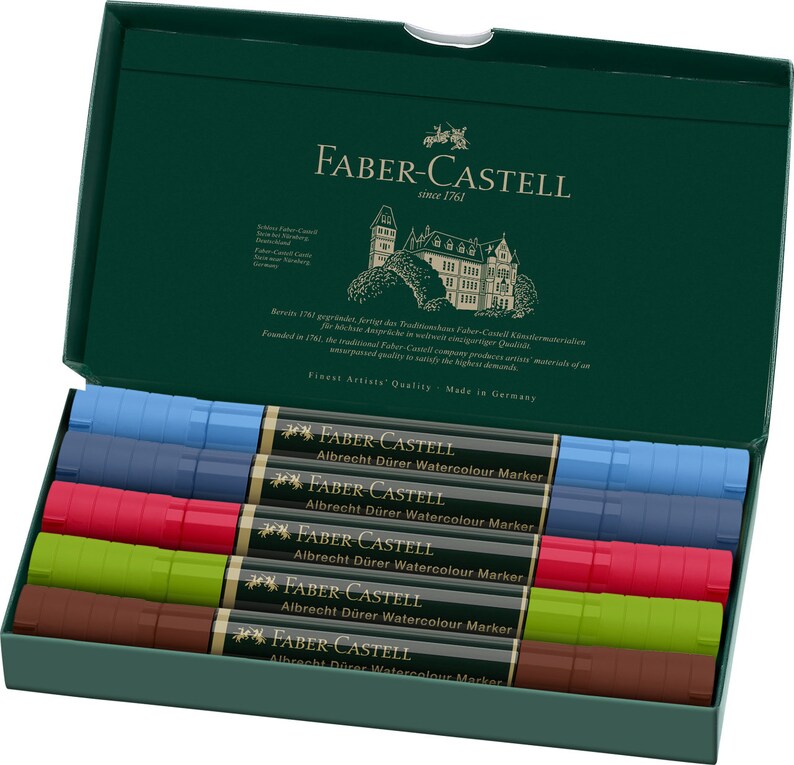 May include: A set of six Faber-Castell Albrecht D&uuml;rer Watercolour Markers in a green box. The markers are arranged in pairs of blue, red, green, and brown.