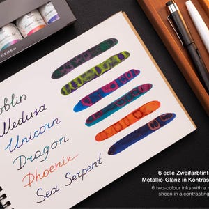 Pu&ograve; includere: Sei bottiglie di inchiostro con riflessi metallici in colori a contrasto. I colori dell'inchiostro sono etichettati come Goblin, Medusa, Unicorno, Drago, Fenice e Serpente Marino. Le bottiglie sono da 10 ml ciascuna.