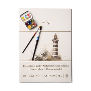 May include: A pack of watercolour paper featuring a lighthouse illustration, two paintbrushes, and a small tin of watercolour paints. The paper is 250 gsm, acid free, and made in the EU. The pack is A3 size.
