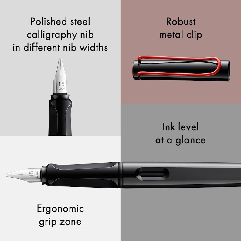 May include: A black fountain pen with a polished steel calligraphy nib, a red metal clip, and an ink level indicator. The pen has an ergonomic grip zone and is labeled "1.5 LAMY".