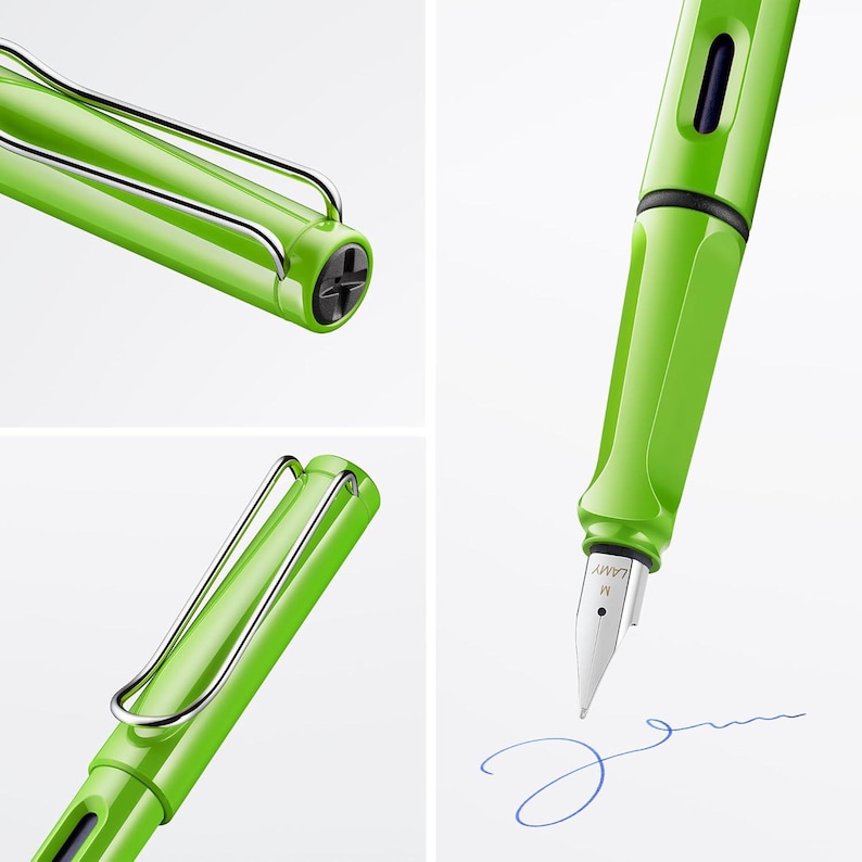 May include: A green fountain pen with a silver clip and a black ink cartridge. The pen is writing on a white surface.