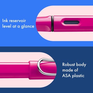 May include: A close-up of a pink fountain pen with a clear ink reservoir. The pen has a silver clip and a black ink window. The text "Ink reservoir level at a glance" is visible on the left side of the image. The text "Robust body made of ASA plastic" is visible on the right side of the image.