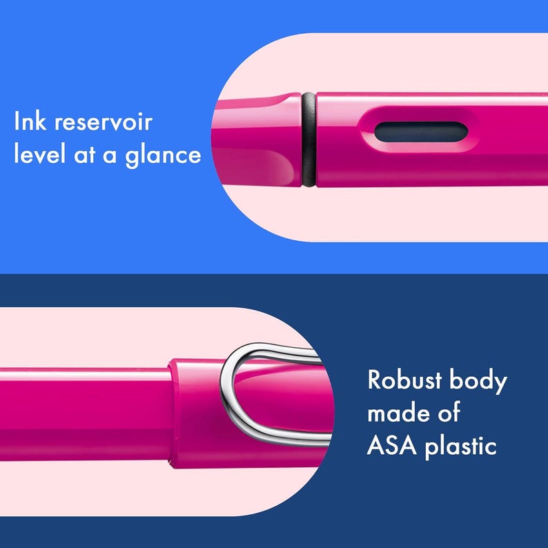 May include: A close-up of a pink fountain pen with a clear ink reservoir. The pen has a silver clip and a black ink window. The text "Ink reservoir level at a glance" is visible on the left side of the image. The text "Robust body made of ASA plastic" is visible on the right side of the image.