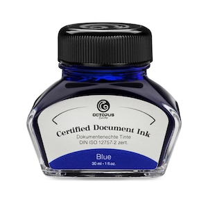 May include: A glass bottle of blue ink labeled "Certified Document Ink" by Octopus Fluids. The ink is certified to DIN ISO 12757-2 standards and is 30 ml or 1 fl. oz.
