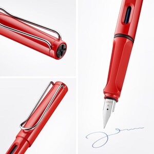 K&ouml;nnte beinhalten: Ein roter F&uuml;llfederhalter mit silberner Klammer und einer schwarzen Tintenpatrone. Der Stift schreibt auf ein wei&szlig;es Blatt Papier.
