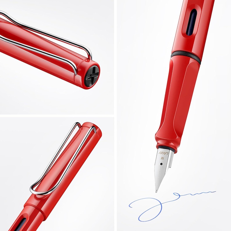 K&ouml;nnte beinhalten: Ein roter F&uuml;llfederhalter mit silberner Klammer und einer schwarzen Tintenpatrone. Der Stift schreibt auf ein wei&szlig;es Blatt Papier.