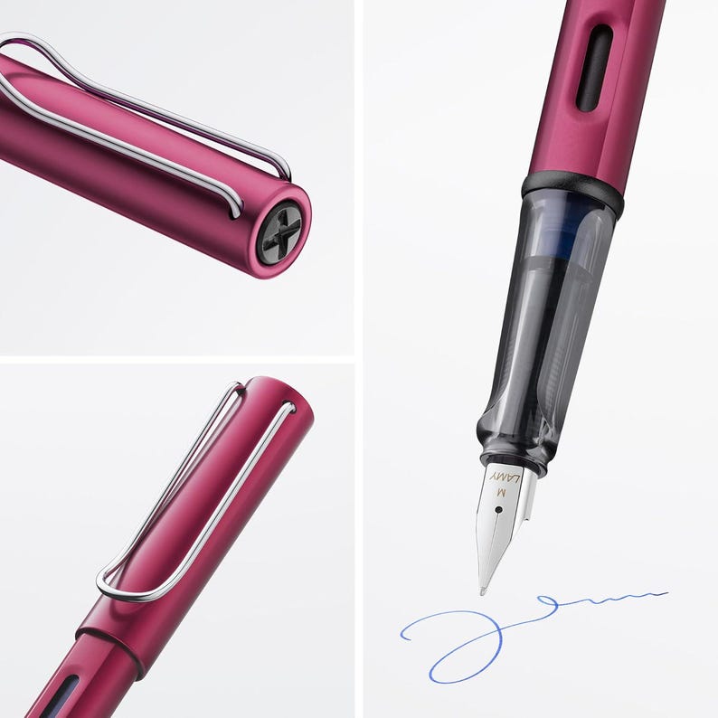 May include: A rose gold fountain pen with a clear ink cartridge and a metal clip. The pen is writing on a white surface with blue ink.