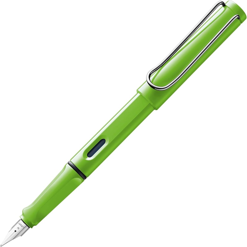 May include: A bright green fountain pen with a silver clip and a black ink cartridge. The pen has a simple design and is made of plastic.