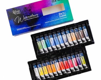 May include: A set of 24 classic watercolors in tubes, displayed in a black plastic tray. The tubes are arranged in two rows, showcasing a variety of colors. The box, with the text "Watercolours", is in shades of blue, purple, and green.