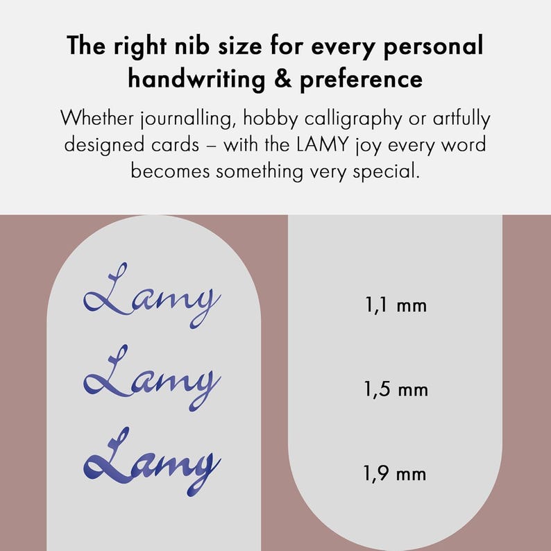 May include: Three different sizes of blue ink nibs for calligraphy pens. The nibs are labeled with the text "Lamy" and the sizes 1.1 mm, 1.5 mm, and 1.9 mm.