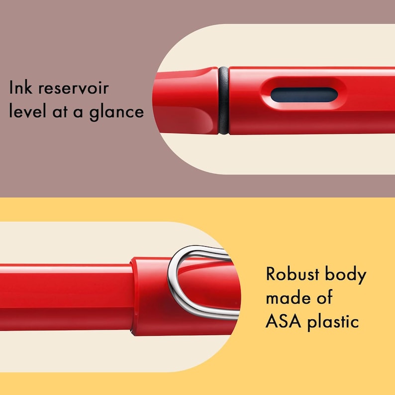 K&ouml;nnte beinhalten: Ein roter F&uuml;llfederhalter mit einem transparenten Sichtfenster f&uuml;r das Tintenreservoir und einer silbernen Klammer. Der Tintenstand ist durch das Fenster sichtbar. Der Stift besteht aus ASA-Kunststoff.