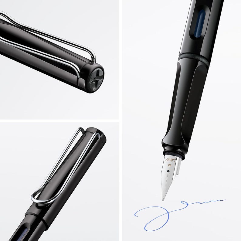 Op de afbeelding: Een zwarte vulpen met een zilveren clip en penpunt. De pen heeft een strak, modern design met een glanzende afwerking. De penpunt is gemarkeerd met de merknaam "LAMY". De pen wordt in meerdere hoeken getoond.