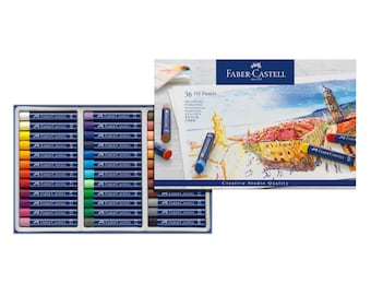May include: A set of 36 Faber-Castell oil pastels in a rectangular box. The box is open, revealing the colorful sticks arranged neatly. The packaging includes the text "36 Oil Pastels" and "Creative Studio Quality".