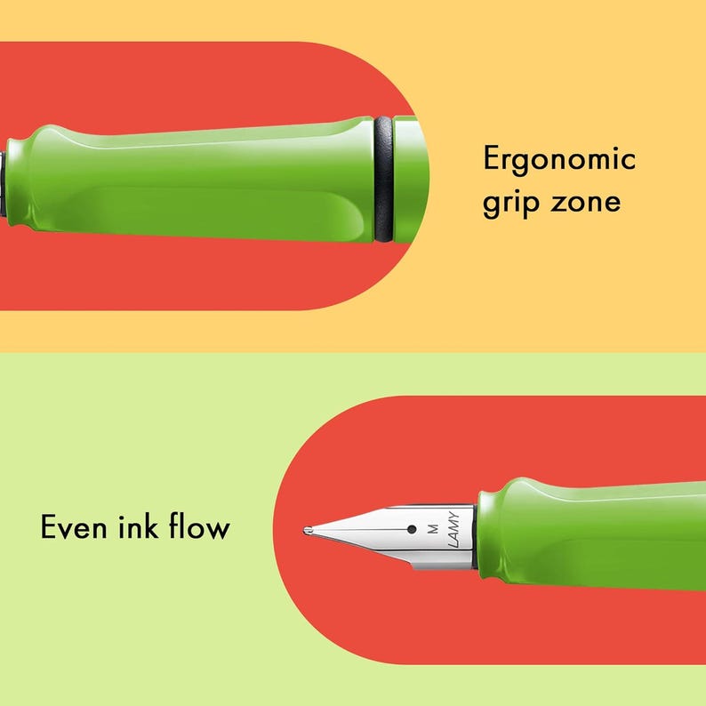 May include: A green fountain pen with a silver nib and a black grip zone. The pen has the text "LAMY" and "M" printed on the nib. The text "Ergonomic grip zone" and "Even ink flow" are printed on the image.