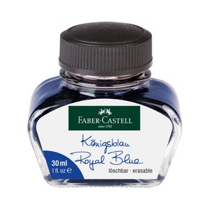 May include: A glass bottle of Faber-Castell Königsblau Royal Blue erasable ink. The bottle is 30 ml (1 fl. oz) and has a black cap.