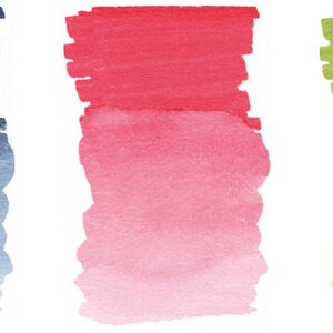 May include: Five watercolor swatches showing a gradient from dark to light. The swatches are blue, red, green, brown, and beige.