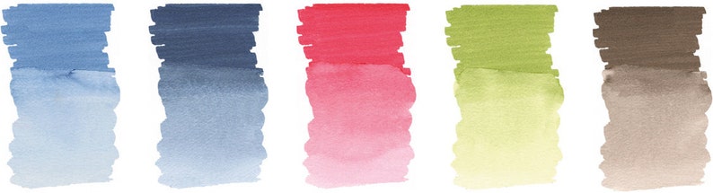 May include: Five watercolor swatches showing a gradient from dark to light. The swatches are blue, red, green, brown, and beige.