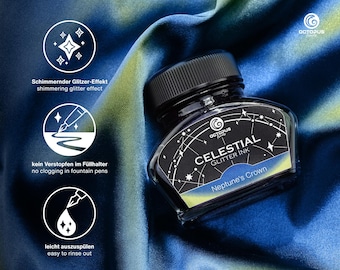 May include: A black glass bottle of Celestial Glitter Ink, labeled "Neptune's Crown." The label features a celestial design with the Octopus logo. The image also includes text in German and English describing the ink's features.