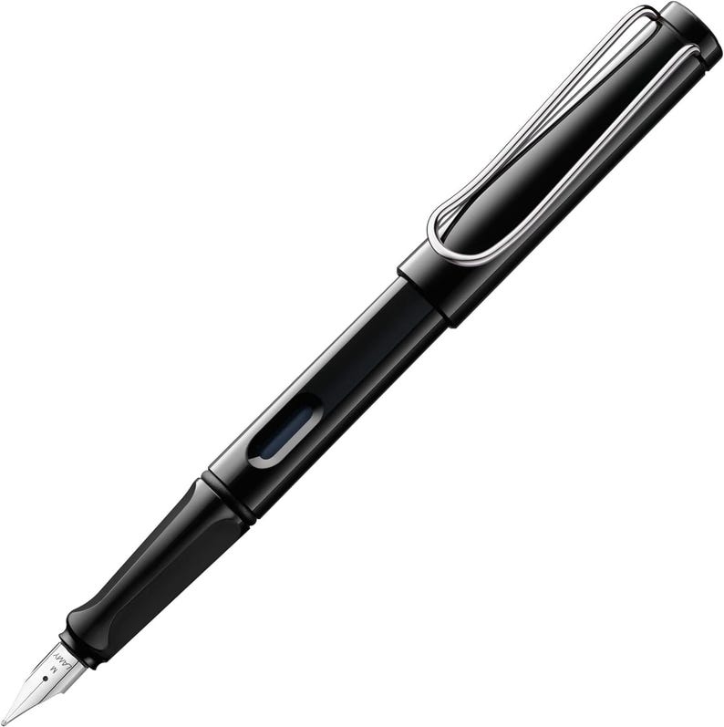 Op de afbeelding: Een zwarte vulpen met een zilverkleurige clip. De pen heeft een strak, modern ontwerp met een glanzende afwerking. De penpunt is zilverkleurig en er is een klein venster om het inktniveau te bekijken. Een schrijfinstrument.