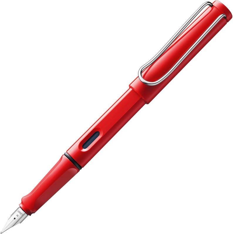 K&ouml;nnte beinhalten: Ein roter F&uuml;llfederhalter mit silberner Klammer und einer schwarzen Tintenpatrone. Der Stift hat ein klassisches Design und ist aus hochwertigen Materialien gefertigt.