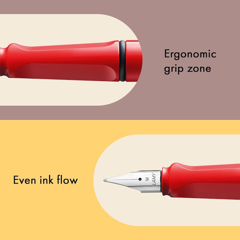 K&ouml;nnte beinhalten: Ein roter F&uuml;llfederhalter mit einer silbernen Feder und einer schwarzen Griffzone. Die Feder ist mit "LAMY" und "M" beschriftet. Der Text "Ergonomische Griffzone" und "Gleichm&auml;&szlig;iger Tintenfluss" ist im Bild sichtbar.