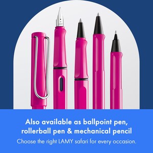 May include: A set of four pink pens, including a fountain pen, rollerball pen, ballpoint pen, and mechanical pencil. The pens are all in the same style, with a simple, modern design. The text "LAMY" is visible on the fountain pen.
