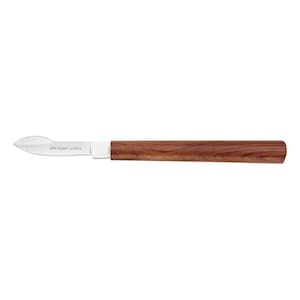 May include: A small, silver, folding knife with a wooden handle. The knife has a pointed blade and a small, rounded tip. The handle is made of dark wood with a natural grain. The knife is labeled "Faber-Castell" on the blade.
