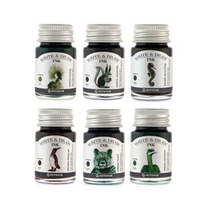 Peut inclure: Six petits flacons de verre d'encre avec des couvercles argentés. Chaque flacon présente une illustration d'animal différente et une encre de couleur. L'encre est étiquetée "Write & Draw Ink" avec le nom de l'animal et la couleur en dessous. Les flacons sont disposés en deux rangées de trois.