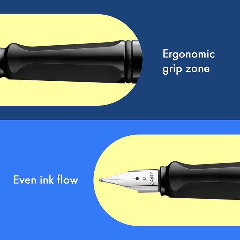 Op de afbeelding: Close-up van een zwarte vulpen met een zilveren penpunt. De pen heeft een ergonomische gripzone en de tekst "Even ink flow". De afbeelding bevat ook de tekst "Ergonomic grip zone".