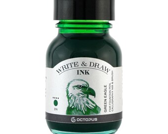 May include: A glass bottle of green ink with a black cap. The label reads "Write & Draw Ink" and features a green eagle illustration. The text "Green Eagle" is also on the label, along with the brand name "Octopus".