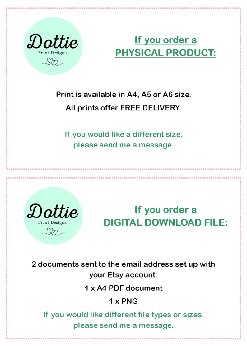 May include: A light green and white graphic with the text "Dottie Print Designs". The text describes physical and digital product options, including print sizes A4, A5, and A6, and digital downloads in PDF and PNG formats.