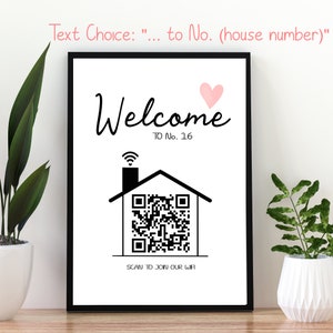 May include: A framed print with the word "Welcome" in cursive, a pink heart, and the text "TO No. 16". Below is a house graphic with a QR code and the text "SCAN TO JOIN OUR WIFI". The text "Text Choice: "... to No. (house number)" is at the top.