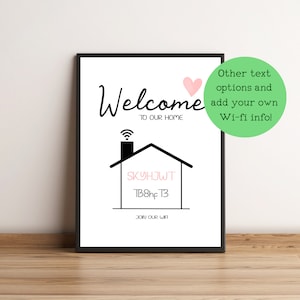 May include: A framed print with the words "Welcome to our home" in black script, a pink heart, and a house graphic with Wi-Fi information. The text "Join our Wi-Fi" is at the bottom. A green circle offers other text options.