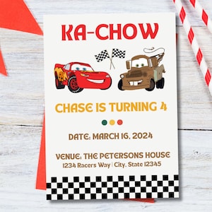 May include: A red and yellow cartoon car and a brown tow truck with a chequered flag background. The text "KA-CHOW" is at the top of the invitation. The text "CHASE IS TURNING 4" is below the cars. The date and venue are listed below the text.