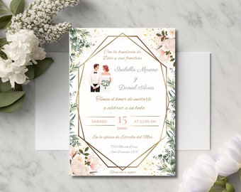Pink and Green Invitation in Spanish, Rosa y Verde Invitaction de Boda, Botanical Geometric Wedding Invite, Spanish Wedding, Boda Elegante