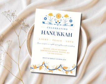 Hanukkah Celebration Invitation Template, Jewish Celebration Invite, Blue and Silver Hanukkah, Holiday Gathering, Candle Lighting Ceremony