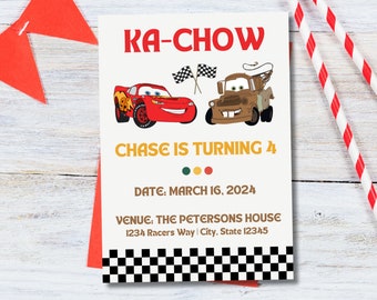 Cars Birthday Invitation, Lightning McQueen Tow Mator, Ka-Chow Birthday Invitation, Cars Birthday Party Invite Template