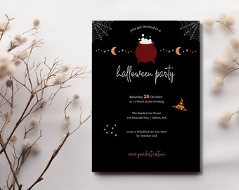 Black Halloween Party, Witch-Themed House Halloween Party, Costume Halloween Party Invitation, Moon Witch Halloween Party Invitation