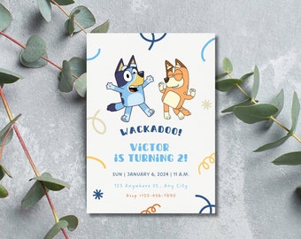 Editable Blue Dog Birthday Invitation, Boys Birthday Invitation Template, Cartoon Dogs Birthday Invite, Toddler Birthday Invite, Blue & Tan