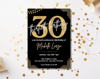 Glitter 30th Birthday Party Invitation, 30th Birthday Party Invitation, Classy 30th Birthday Party Invitation, Black and Gold Birthday Party
