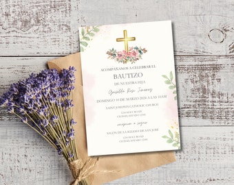 Invitacion de Bautizo, Modern Baptism, Baptism Invitation in Spanish, Invitacion en Espanol, Invitaciones Bautizo, Verde y Rosa y Oro